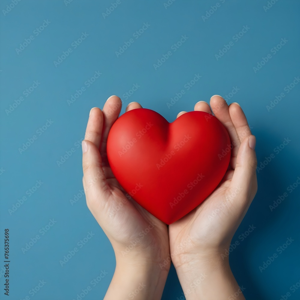 Female hands holding heart on blue background, Health Care, Love, Organ Donation, World Blood Donor Day, World Heart Day Female hands holding heart on blue background, Health Care, Love, Organ Donation, World Blood Donor Day, World Heart Day