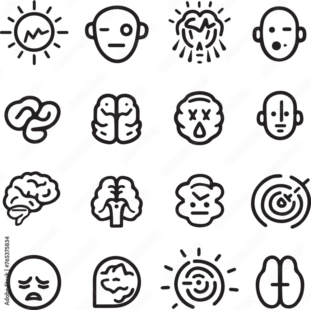 Mental health black outline icon set on white background