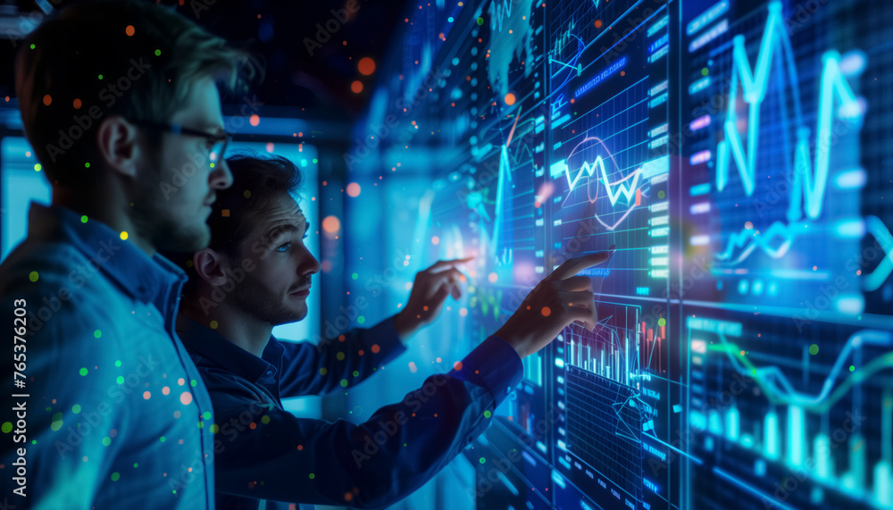 Two business men are pointing at a computer screen with graphs and numbers. They are looking at the screen intently, possibly discussing the data information displayed Two business men are pointing at a computer screen with graphs and numbers. They are looking at the screen intently, possibly discussing the data information displayed