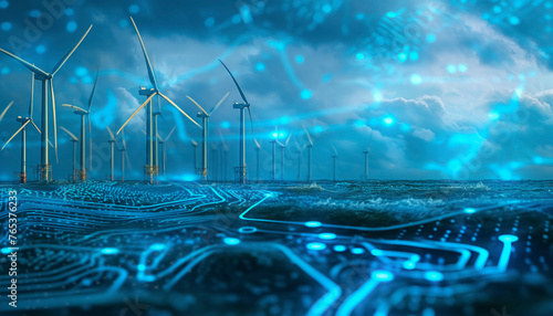 Futuristic digital windmill technology harnessing sustainable energy in blue ocean landscape background, wind turbines technological power alternative. green power, innovation resource 