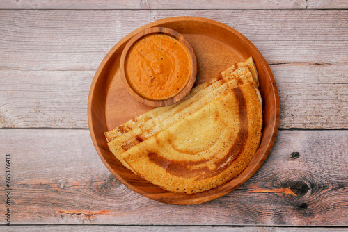 Obraz na płótnie South Indian food set dosa with tomato chutney. Also called nice set dosa. Homemade Dosa, dhosa, masala, plain, maisuri (Ghee Roast) with Chutney. Common Indian breakfast. w salonie