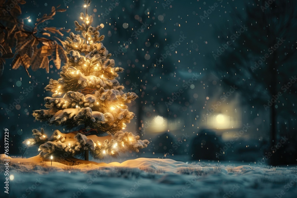 Naklejka premium A heavy snow falls quietly on this Christmas Tree, accented by a soft glow and selective blur, illustrating the magic of this Christmas Eve night time scene. 