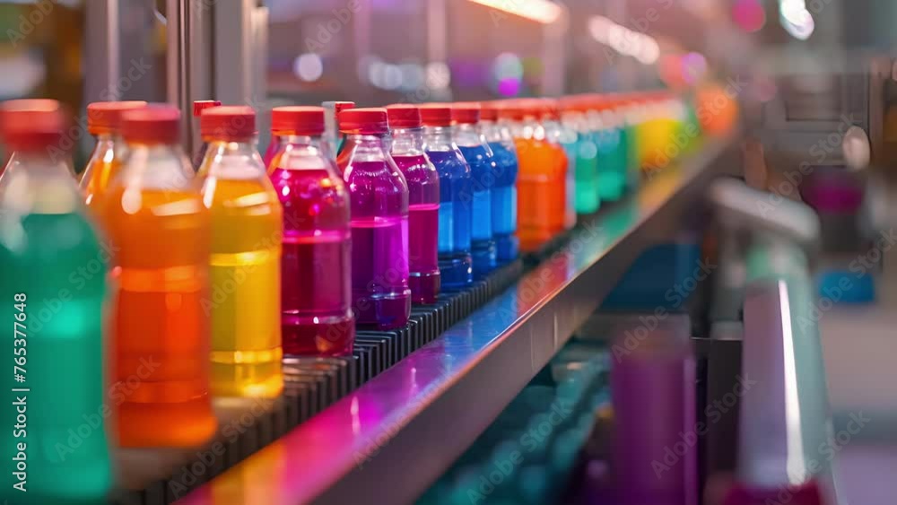 A conveyor belt carrying small plastic bottles filled with brightly colored liquid ping through a machine that seals the caps and labels the bottles with the product information. A conveyor belt carrying small plastic bottles filled with brightly colored liquid ping through a machine that seals the caps and labels the bottles with the product information.