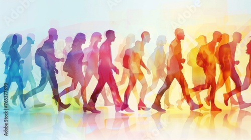 Silhouettes of people walking and running against a solid color background.