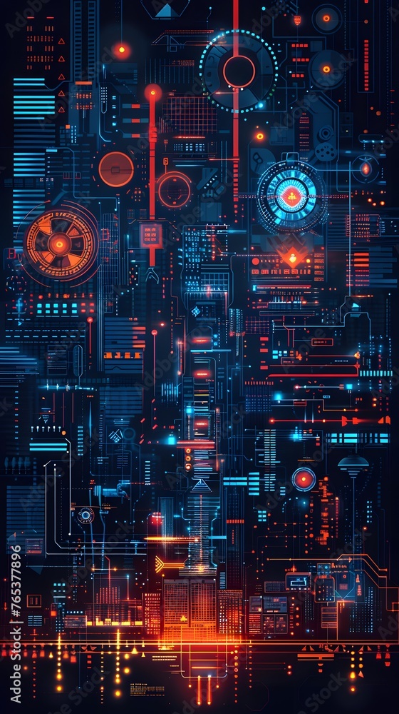 This digital artwork envisions a futuristic city as a complex network of neon-lit circuitry, showcasing a vibrant visualization of cybernetic urban life.
