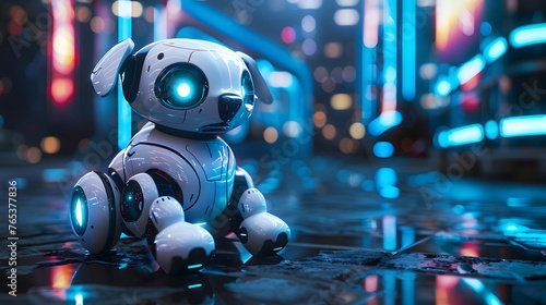 Artificial intelligence and mechanical design, a cute robotic dog with intricate cybernetic features embodies the forefront of technology and innovation.