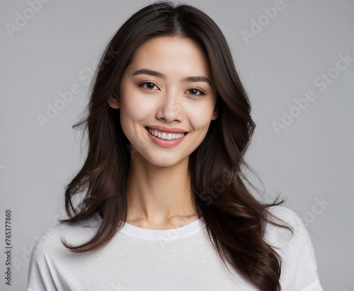 Close-up young beautiful woman face with long hair and big smile.