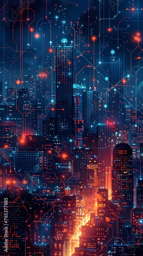 A digital art piece depicting a cityscape interlaced with glowing circuit patterns, symbolizing the fusion of urban development and information technology.