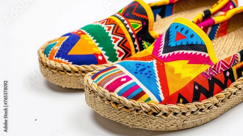 pair of colorful canvas espadrilles, with braided jute soles and vibrant geometric patterns, evoking summer vibes against a clean white background.