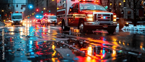 Emergency Medical Technician Rushing to Car Accident Scene with Flashing Ambulance Lights Reflecting on Wet Street- Urgency and Teamwork in Action to Save Lives