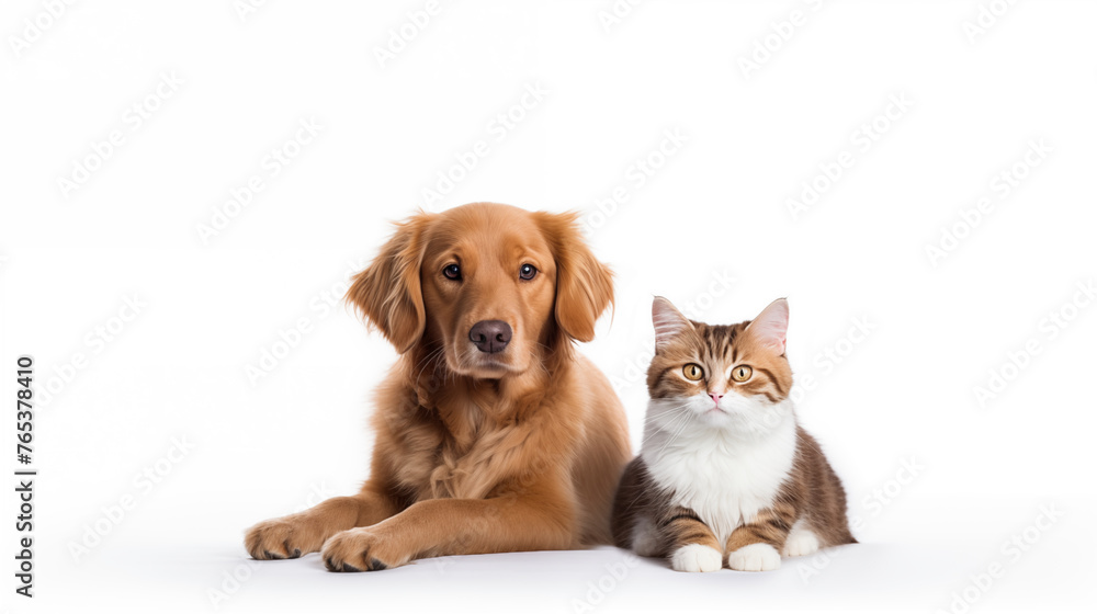 Dog and cat on white background, font view, photo shot Dog and cat on white background, font view, photo shot