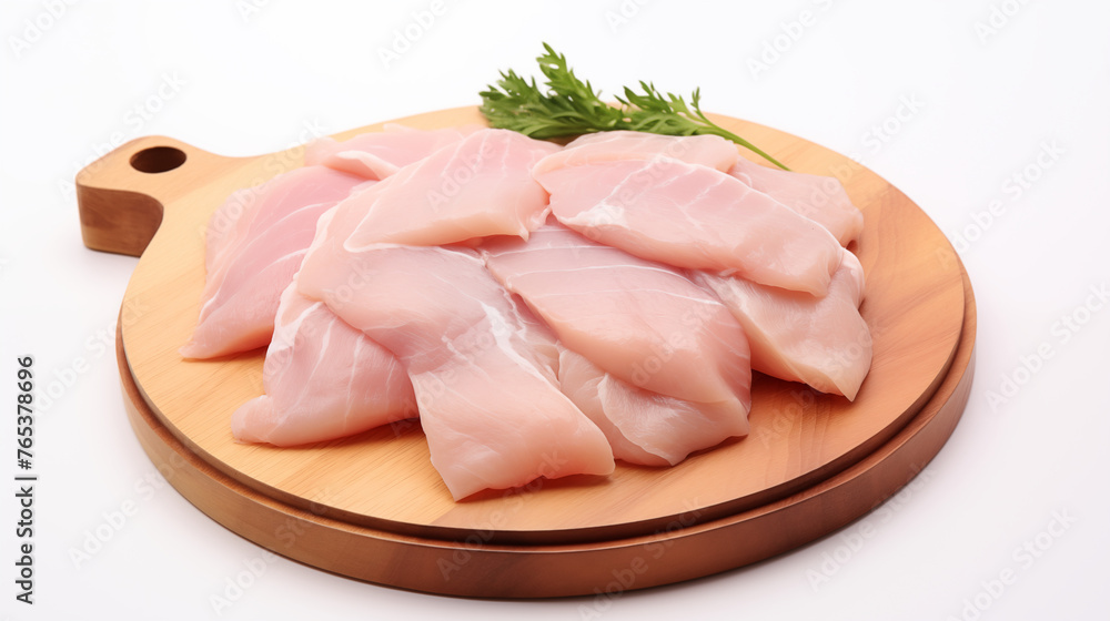 Raw chicken cut into square on circular cutting board, white background Raw chicken cut into square on circular cutting board, white background