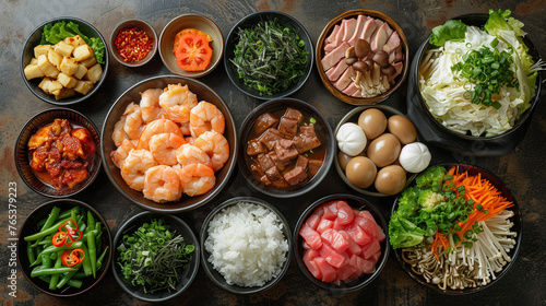 various Korean dishes arranged in black bowls, including bogneunguk with meat and vegetables, shrimp, kimchi