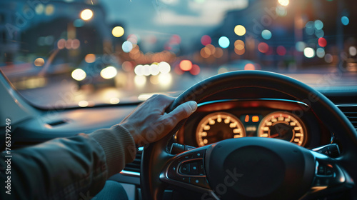 man drives a car, with a close up view of the steering wheel and dashboard, a city street at night visible in the background in a bokeh effect © Poprock3d