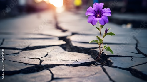 A purple flower is growing amidst a crack in the road in the style of minimalist conceptualism
