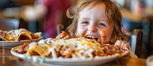 Delicious Mess: Playful Child Enjoying Spicy Enchiladas with Messy Face and Sauce-Covered Plate in Traditional Mexican Mealtime Joy