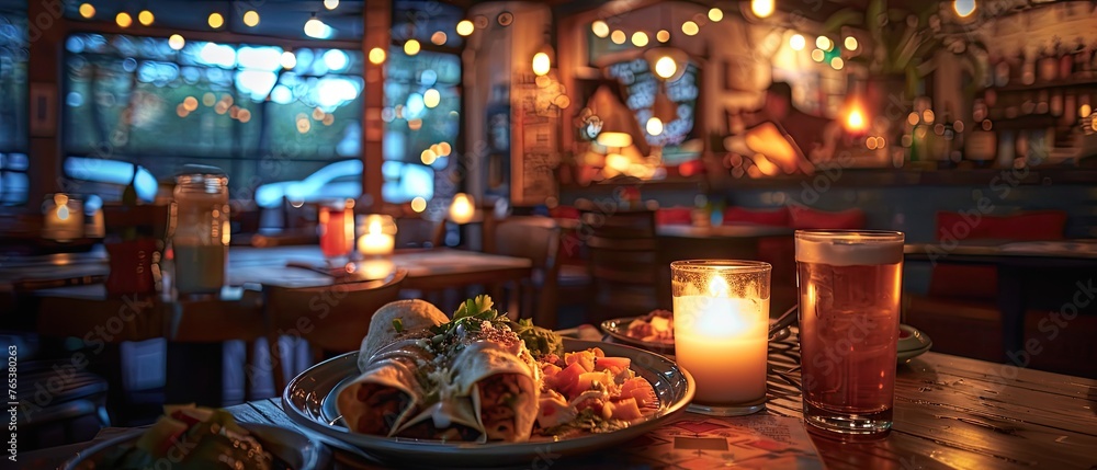 Dark and Cozy Mexican Cantina: Enchiladas in Flickering Candlelight - Moody Food Photography Ignites Appetite for Adventure