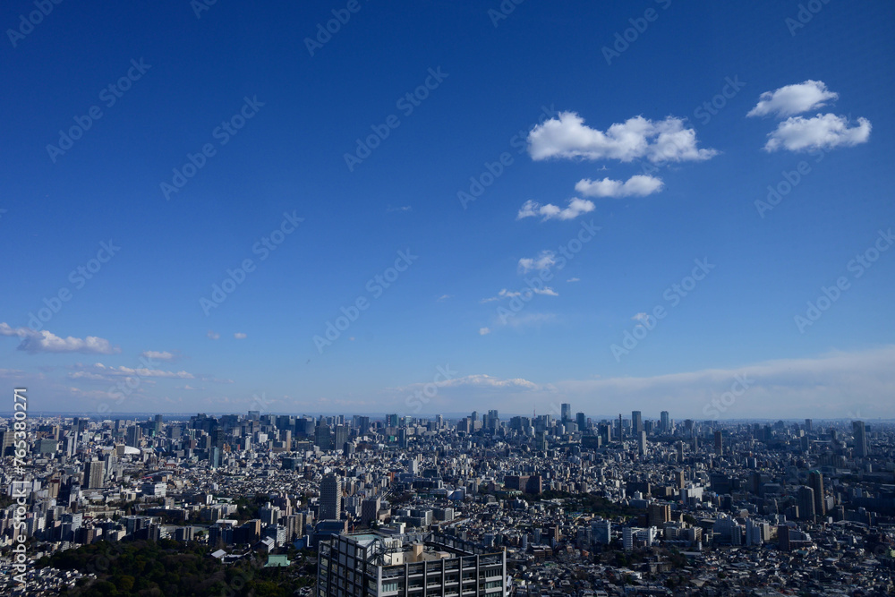 晴れた日に高層ビルの展望室から東京都内を撮影。