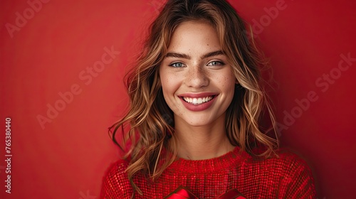 Joyful Woman Gifting Happiness: Smiling Lady Holding Present Box on Vibrant Red Backdrop © hisilly