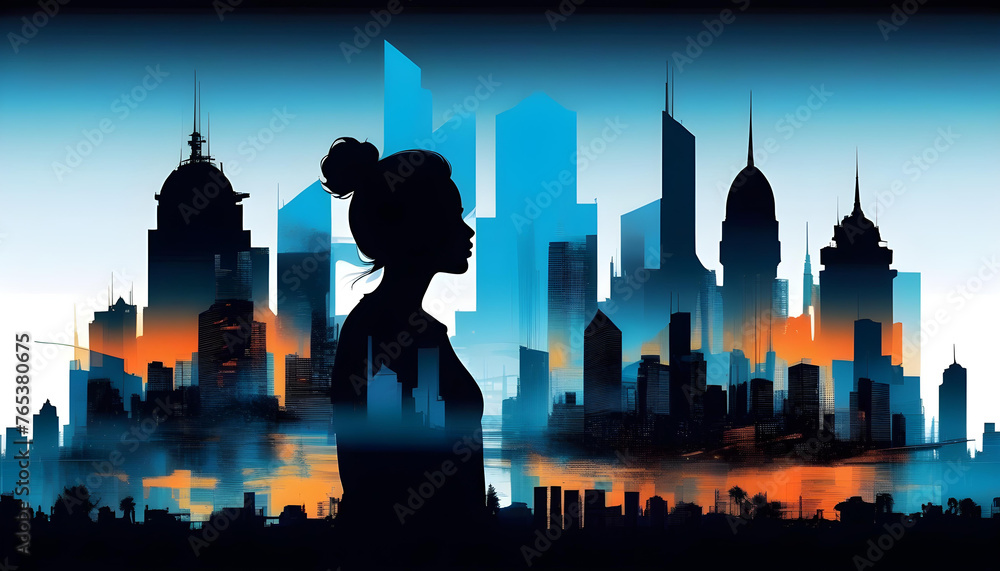 Fototapeta premium A black silhouette of a girl with a futuristic blue cityscape overlaid on top, against a black background.