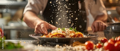 Dynamic Chef Garnishing Traditional Mexican Enchiladas: Authentic Cuisine Photography with Blurred Kitchen Background