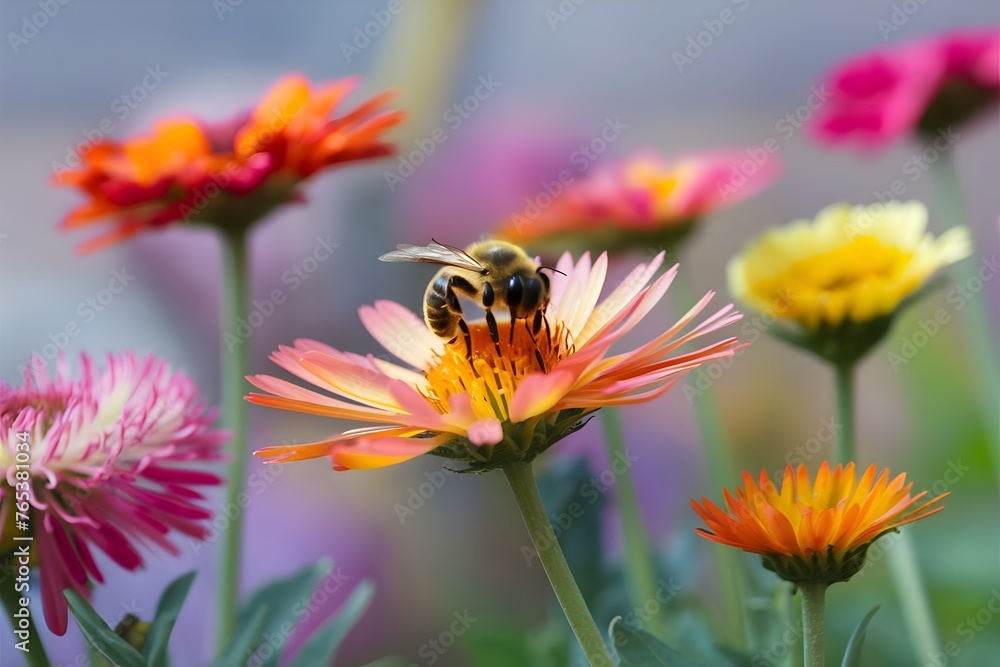 Bee and Flower in a Botanical Garden with Pollination concept Bee and Flower in a Botanical Garden with Pollination concept