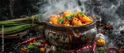 Traditional Mexican Tamales Steaming in Rustic Pot - Creative Food Photography with Dreamy Steam and Savory Ingredients
