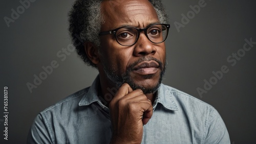 Portrait of a confused puzzled minded black African American man thinking worried expression on empty background