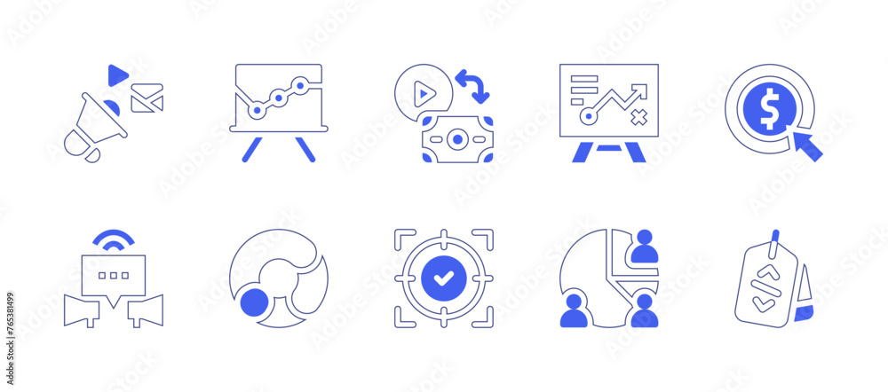 Marketing icon set. Duotone style line stroke and bold. Vector illustration. Containing strategy, marketing, pie chart, pr, pay per click, tag, pay per visualization, presentation, focus, logotype.