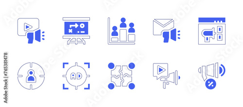 Marketing icon set. Duotone style line stroke and bold. Vector illustration. Containing email marketing, video marketing, marketing, target, advertising, promotion, diagram, strategy, puzzle.