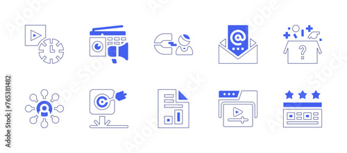 Marketing icon set. Duotone style line stroke and bold. Vector illustration. Containing email marketing, marketing, video marketing, surprise, attraction, radio, business report, target, rating.