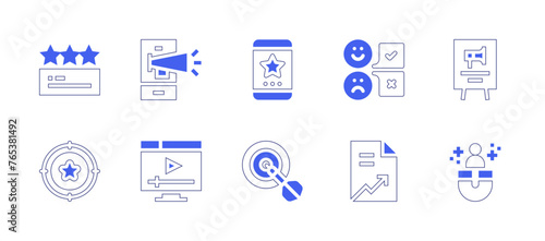 Marketing icon set. Duotone style line stroke and bold. Vector illustration. Containing marketing, video marketing, star, survey, darts, profit report, review, poster, target, making friends.