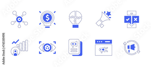 Marketing icon set. Duotone style line stroke and bold. Vector illustration. Containing megaphone, connection, website, social growth, audience, retargeting, problem solving, idea, document, vision.