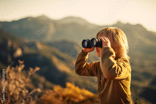 Child boy looking through binocular on top of the mountain. Hiking and camping. Copy space. New discoveries and experiences.