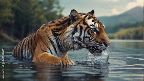 A Tiger picking empty Plastic water bottle in his mouth from a lake, concept image for environment, waste

