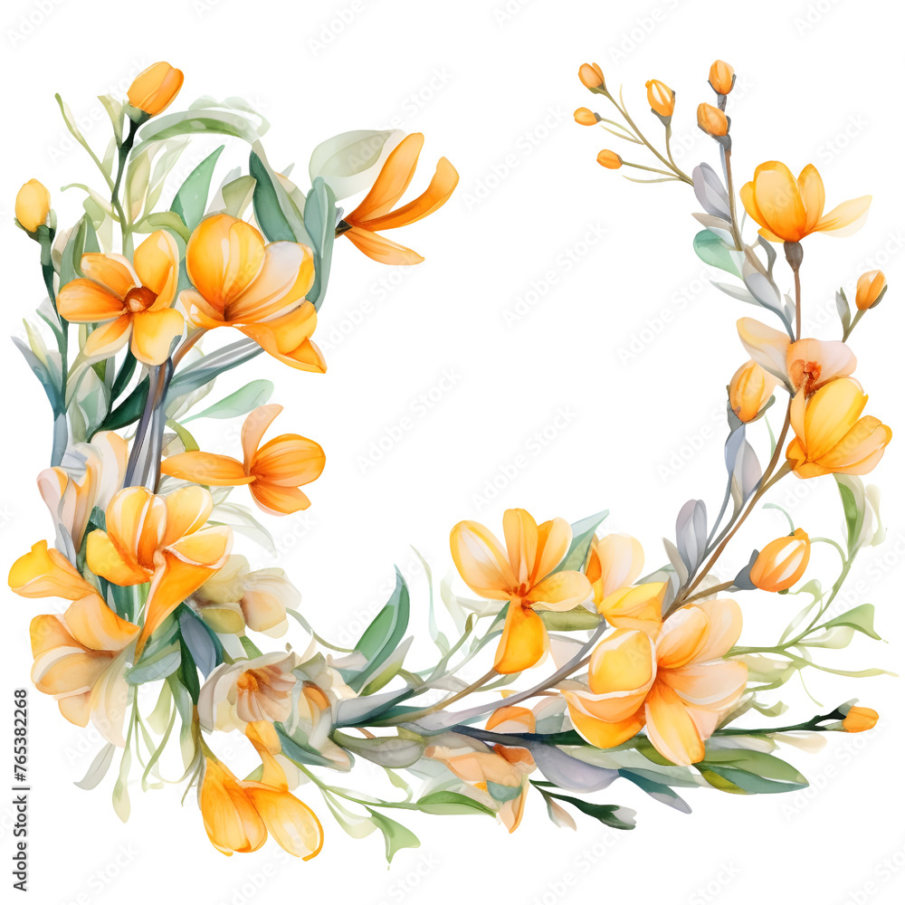 Obraz premium Frame of watercolor Freesia. Floristic design elements for floristics. Hand drawn illustration. Greeting card. Floral print. Plant painted background. Watercolour painting. Template.