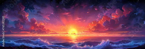Pixel Mosaic Sunset, Beautiful ocean with clear water 3d illustrated 