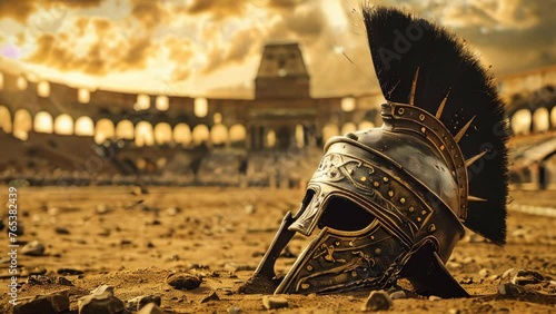A gladiator helm in the sand of the arena