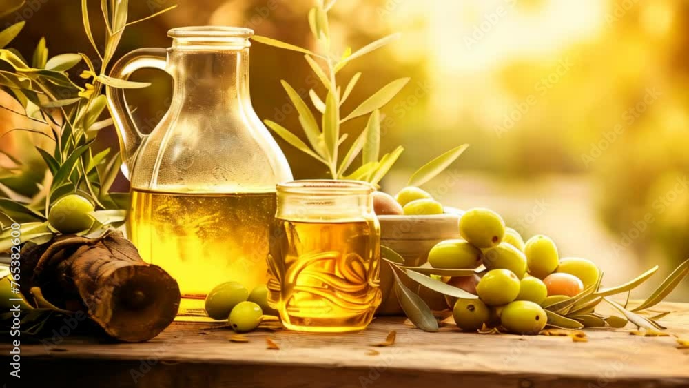 A bottle of olive oil and olives on a wooden table near olive trees and a Mediterranean landscape as background A bottle of olive oil and olives on a wooden table near olive trees and a Mediterranean landscape as background