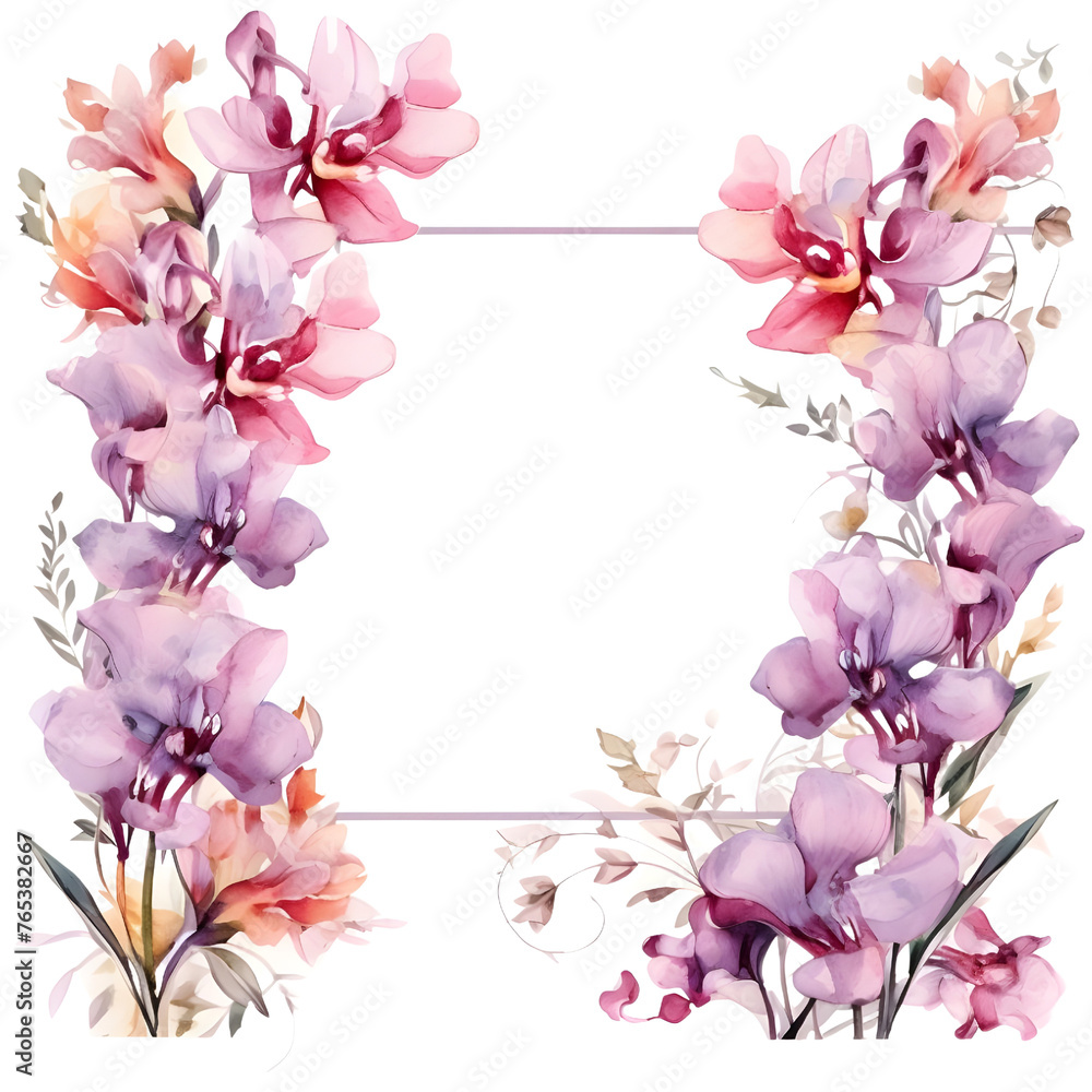Watercolor frame, Orchid. botanical illustration isolated on white background. Ideal for stationery, invitations, save the date, sharp outline.