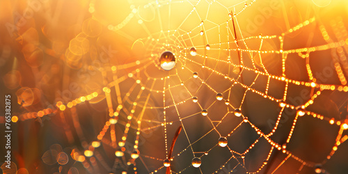 White spider web with dew on an brown background, The detail of a dew laden spider web in the early morning, 
