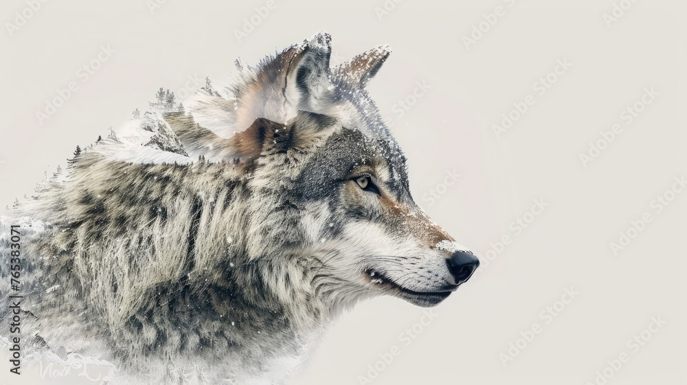 Obraz premium a stunning double exposure of a mountain landscape and a wolf, blending nature's beauty with the spirit of the wild.