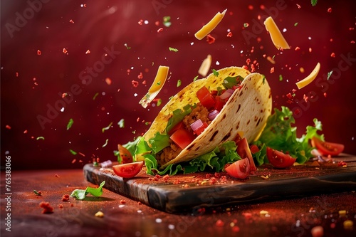 A yummy and delicious Taco with for advertising  banner in red tone to booth your hunger photo