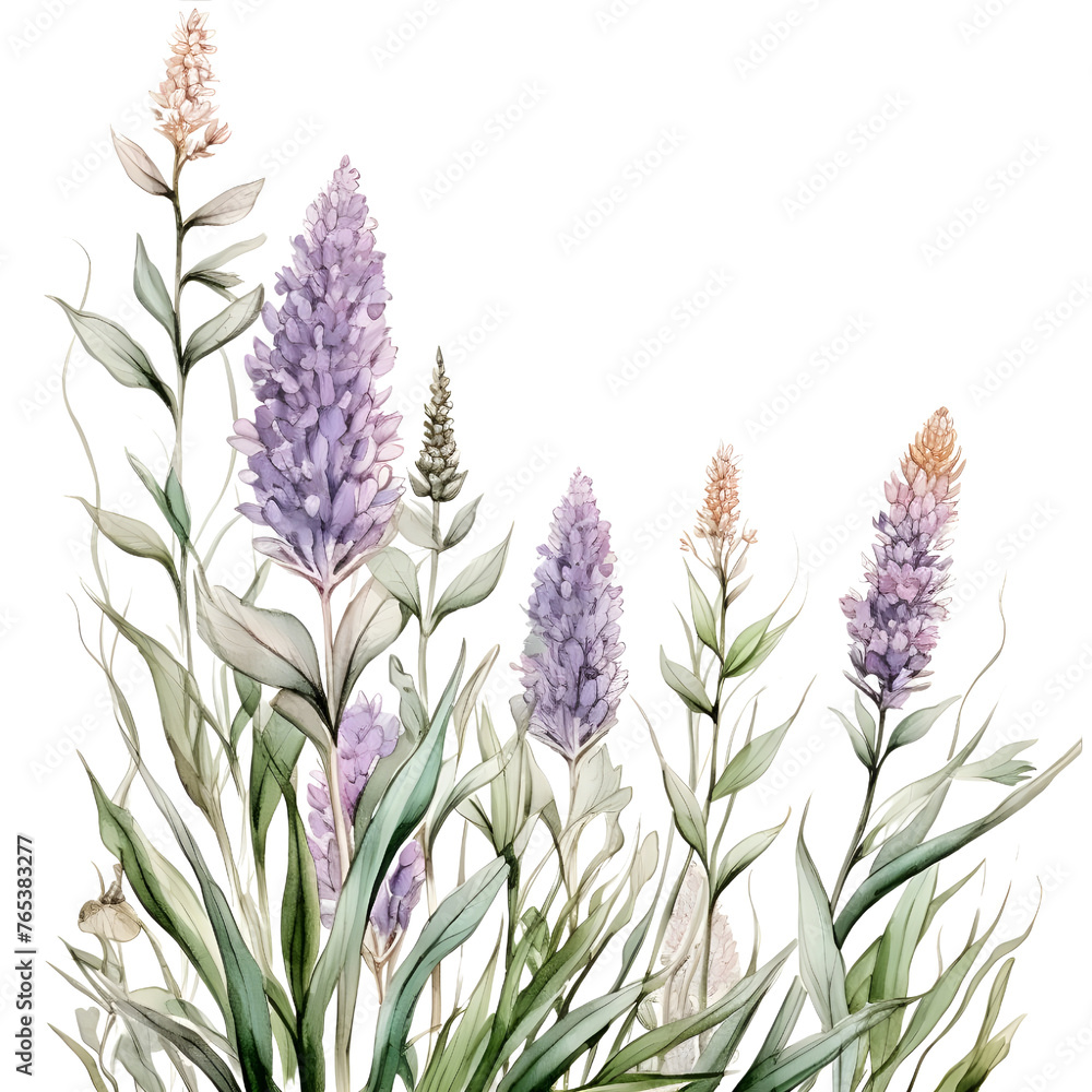 Liatris vertical border. Watercolor botanical banner for the design of invitations, cards, congratulations, announcements, sales, stationery, sharp outline.