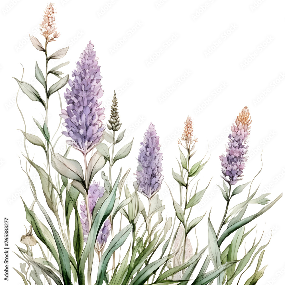 Obraz premium Liatris vertical border. Watercolor botanical banner for the design of invitations, cards, congratulations, announcements, sales, stationery, sharp outline.