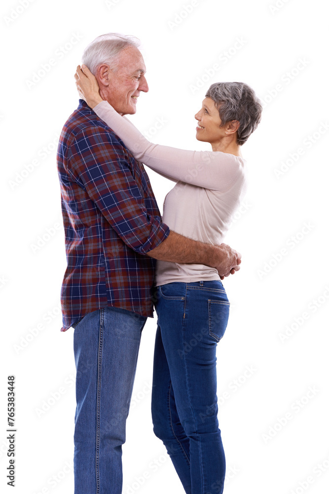 Love, hug and senior couple in studio for bonding, affection and loving relationship. Marriage, happy and mature man and woman embrace for commitment, trust and care on a white background together Love, hug and senior couple in studio for bonding, affection and loving relationship. Marriage, happy and mature man and woman embrace for commitment, trust and care on a white background together