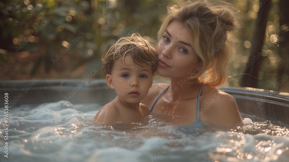 Obraz premium Woman bathing baby in hot tub with water. Both look happy and relaxed