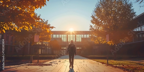 Solitary Student's Silhouette Strolling on Autumn Campus Walkway at Sunrise