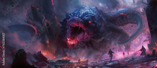  concept art of a giant demon, with glowing eyes and fangs surrounded by dark smoke in the background. A fantasy battle scene with warriors fighting 