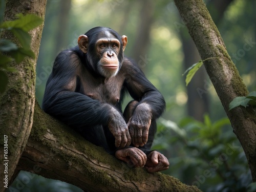 Close-up of a chimpanze sitting in a branch tree in the blurred background of a green forest photo